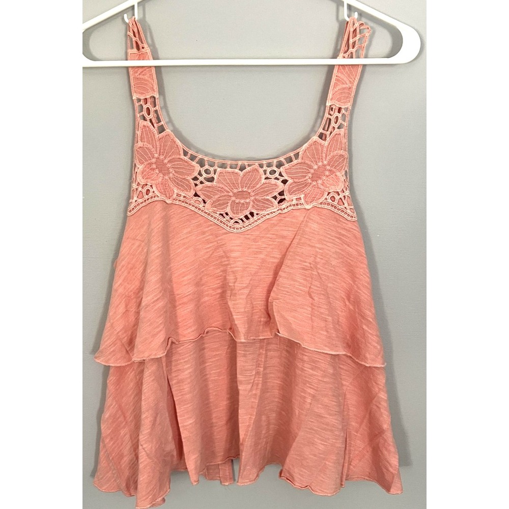 Kimchi Blue Tank Top Women M Pink Crochet Lace Yoke Tiered Ruffle Boho Baby Doll